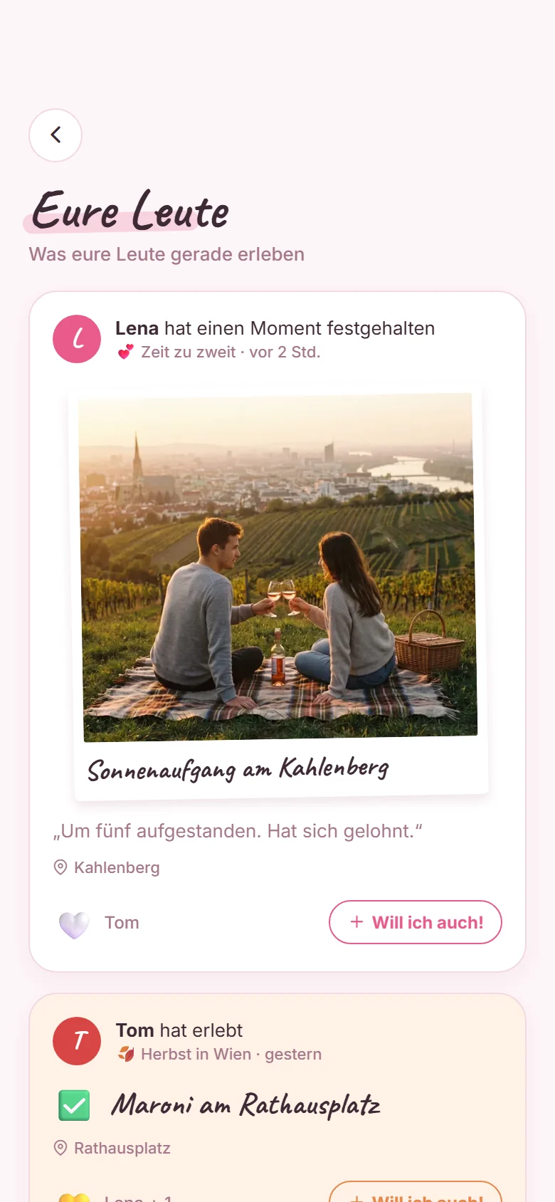 Der Feed „Eure Leute“ mit einem Erinnerungs-Polaroid und Reaktionen