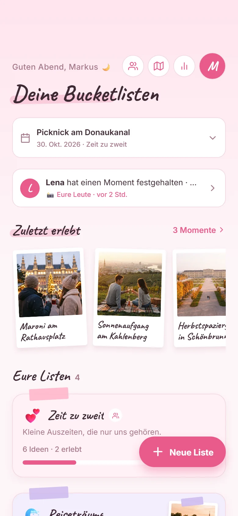 Startseite der App mit dem nächsten Moment