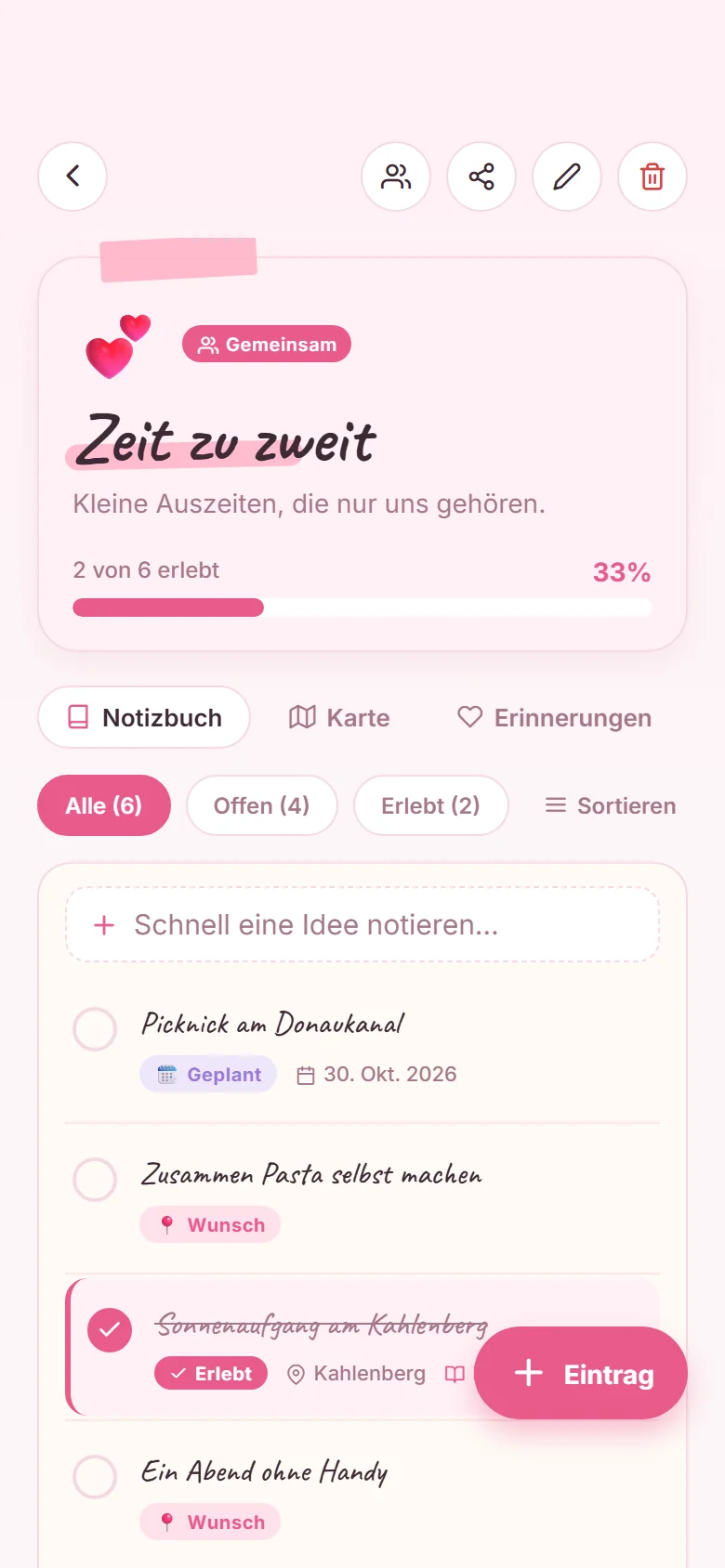 Die Liste „Zeit zu zweit“ in der App mit geplanten und erlebten Ideen