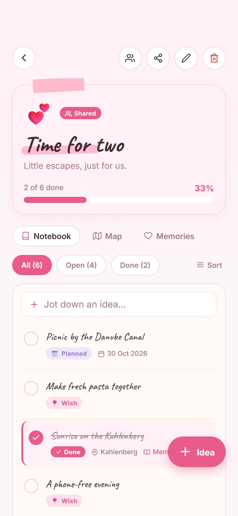 A list called “Time for two” with ideas and their status in the app