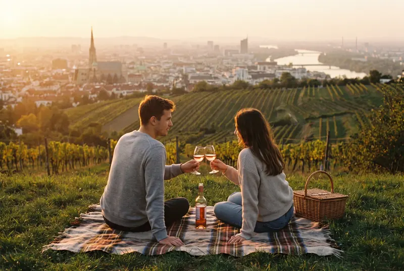 A couple raising a glass at sunset above the vineyards