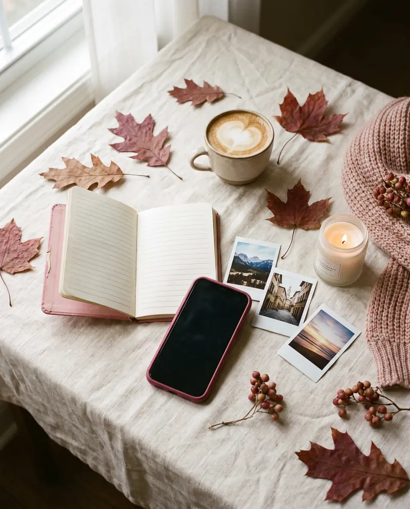 A notebook, instant photos and a phone face down on a table