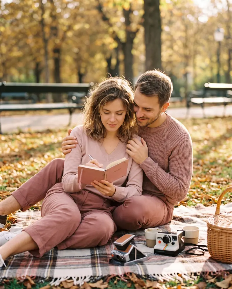 A couple having an autumn picnic on a checked blanket, writing in a notebook
