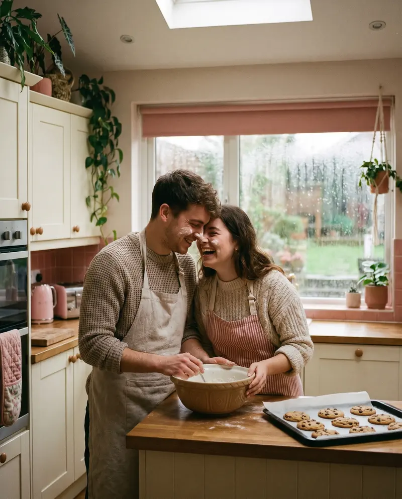 A couple laughing while baking cookies in the kitchen, rain outside the window