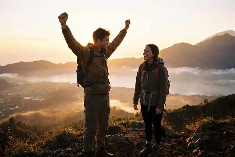 Two people cheering at sunrise on a mountain top above the clouds