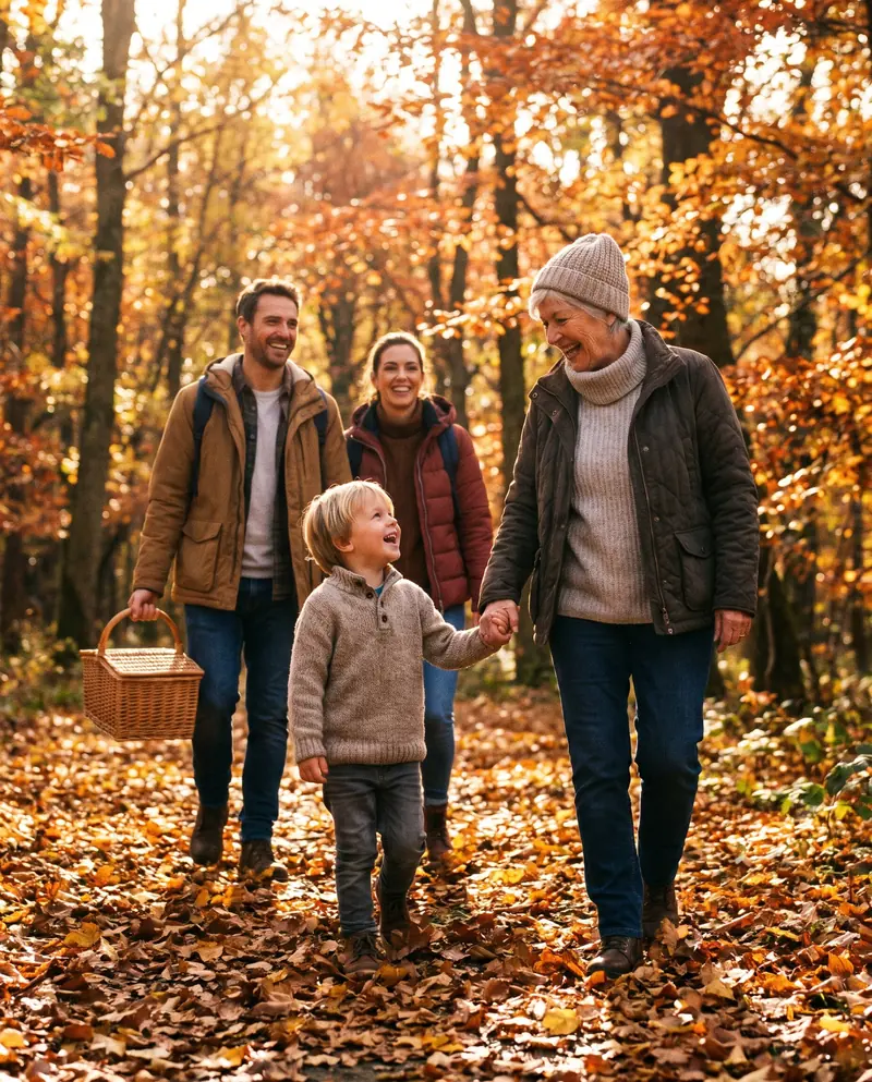A family with grandma and a child hiking through an autumn forest