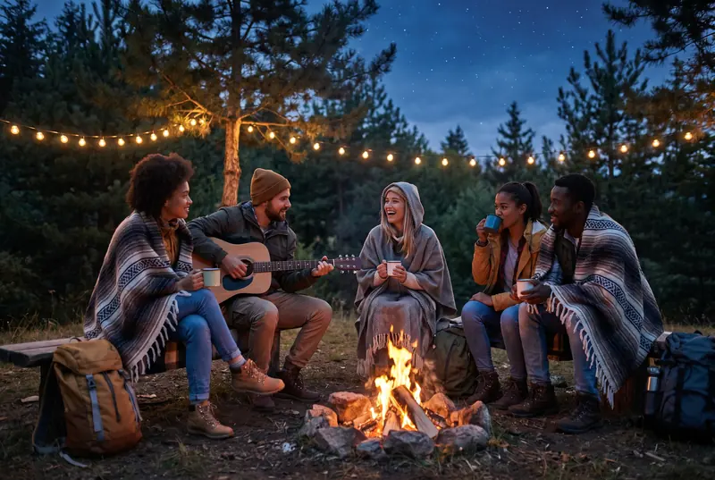 A group of friends wrapped in blankets around a campfire, one playing guitar