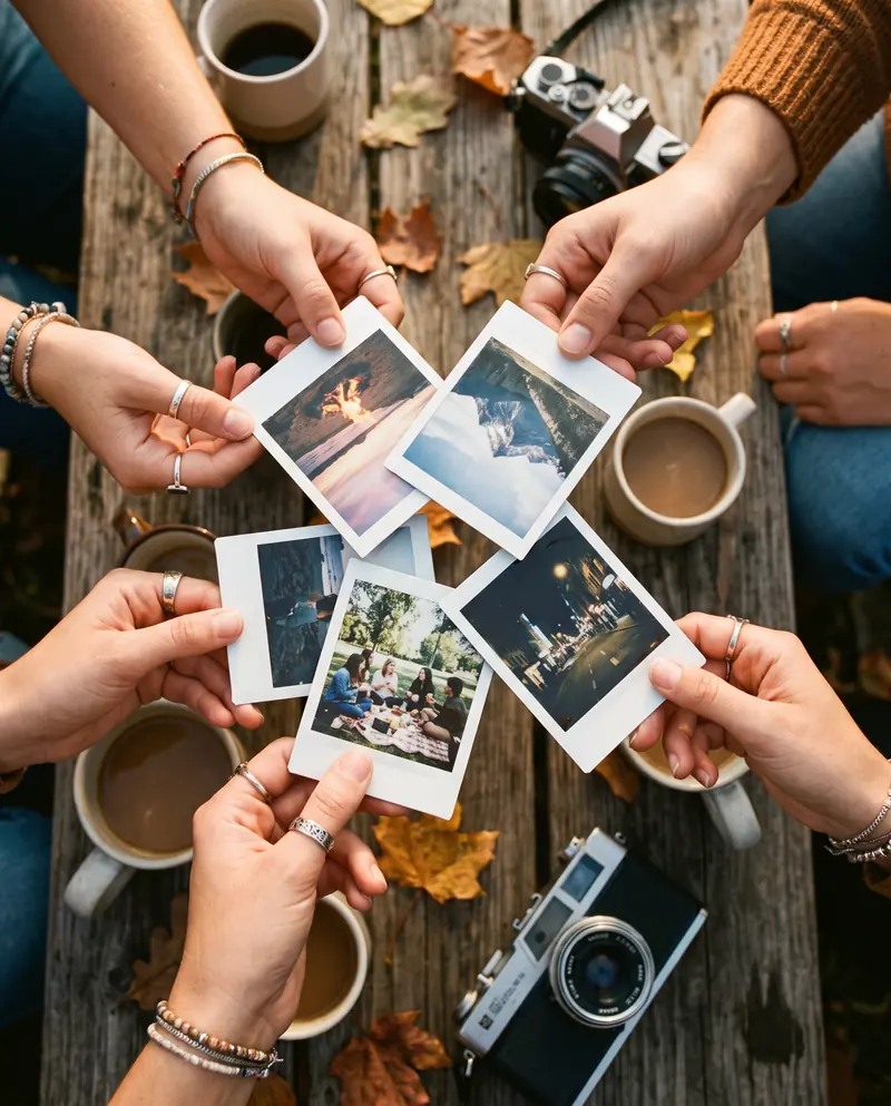 Many hands holding instant photos over a wooden table with coffee cups and autumn leaves