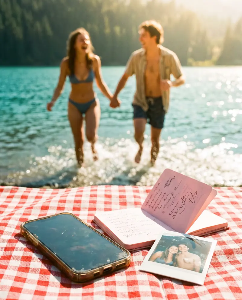 A couple runs laughing into a lake while their phone stays behind on the picnic blanket